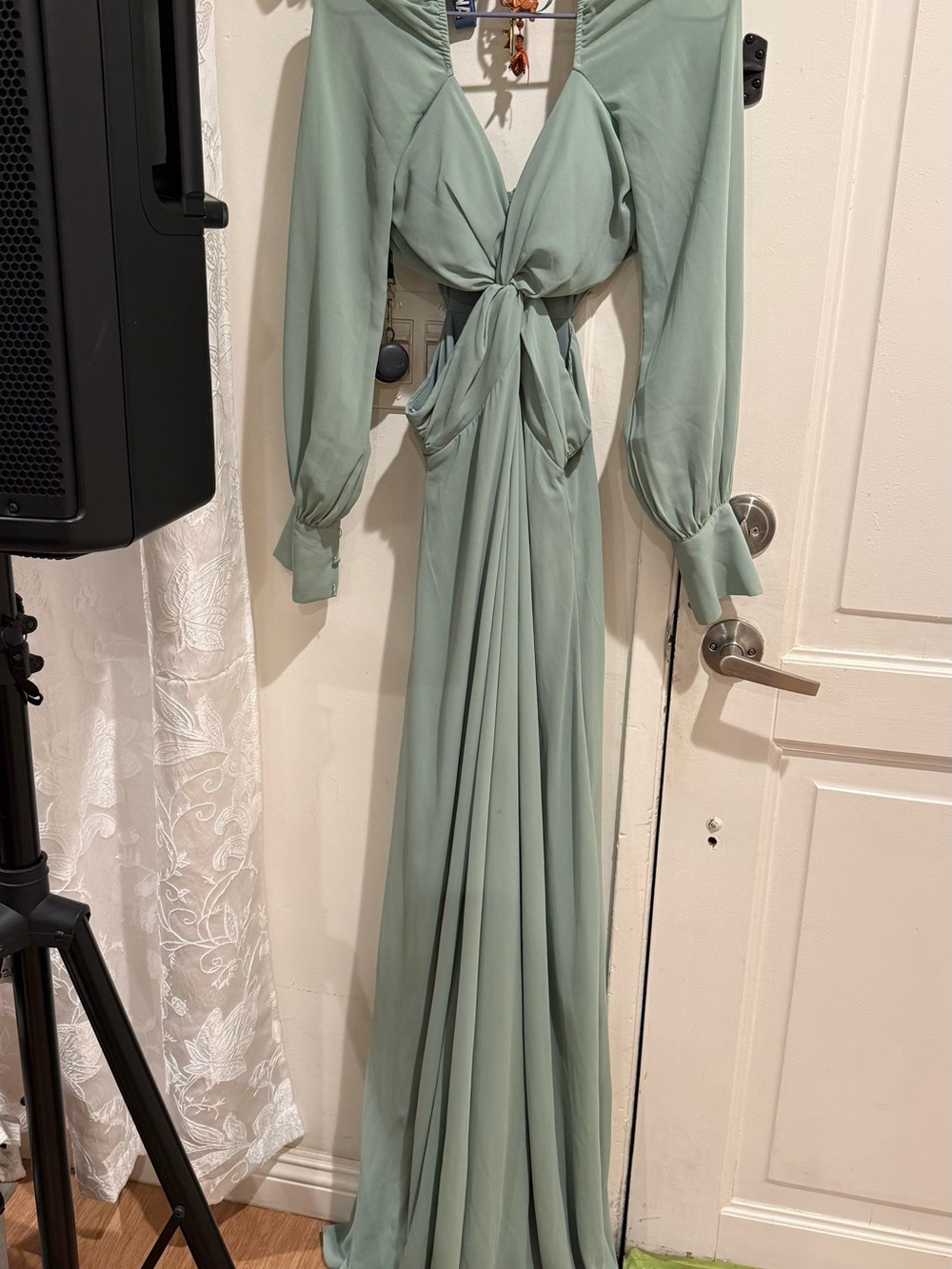 Wilson Sage Green Long Sleeve Knot-Front Prom Gown